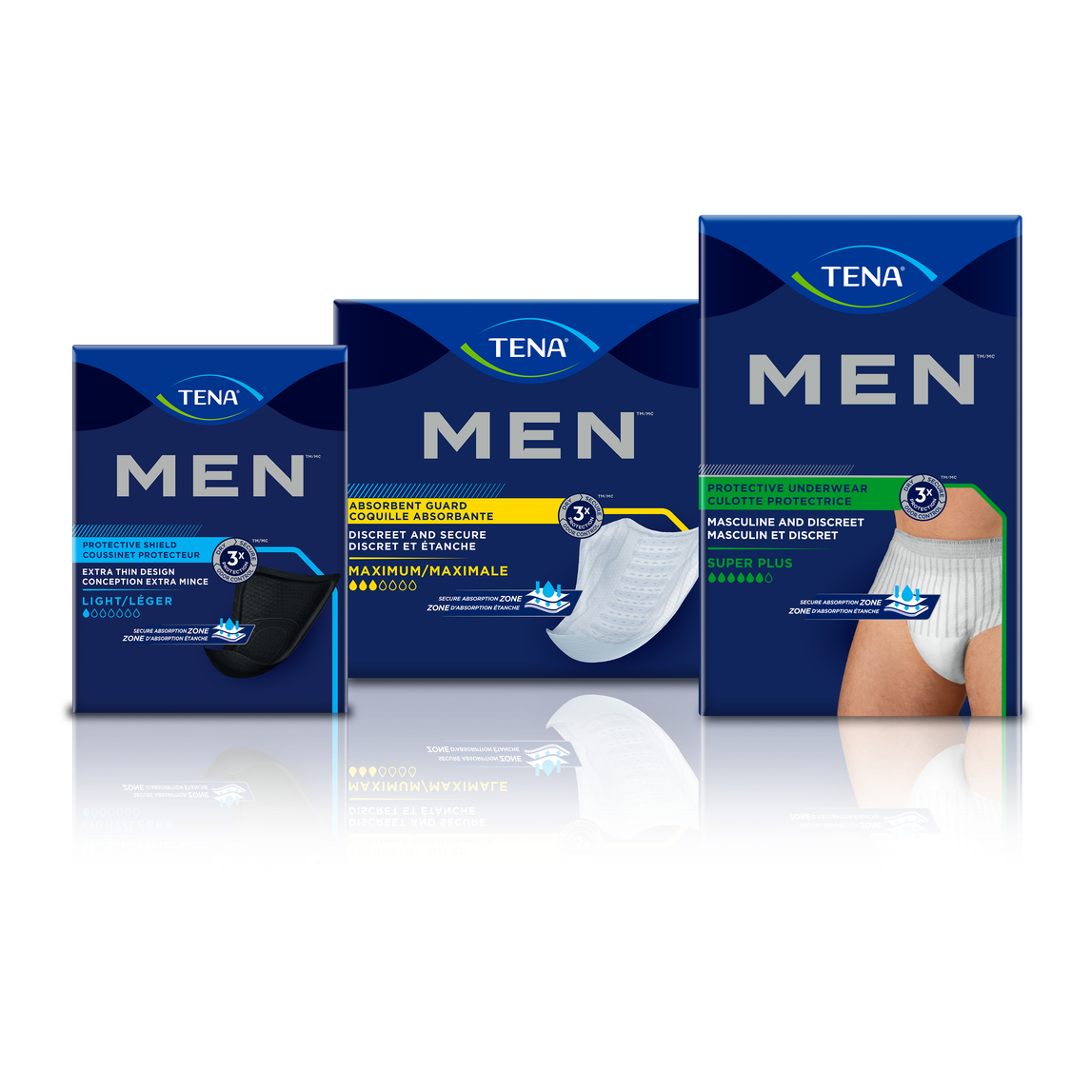 TENA Men Protective Shield, TENA Men Active fit pants and TENA Men Absorbent Protector Level 2 TENA Men Protective Shield, TENA Men Active fit pants and TENA Men Absorbent Protector Level 2